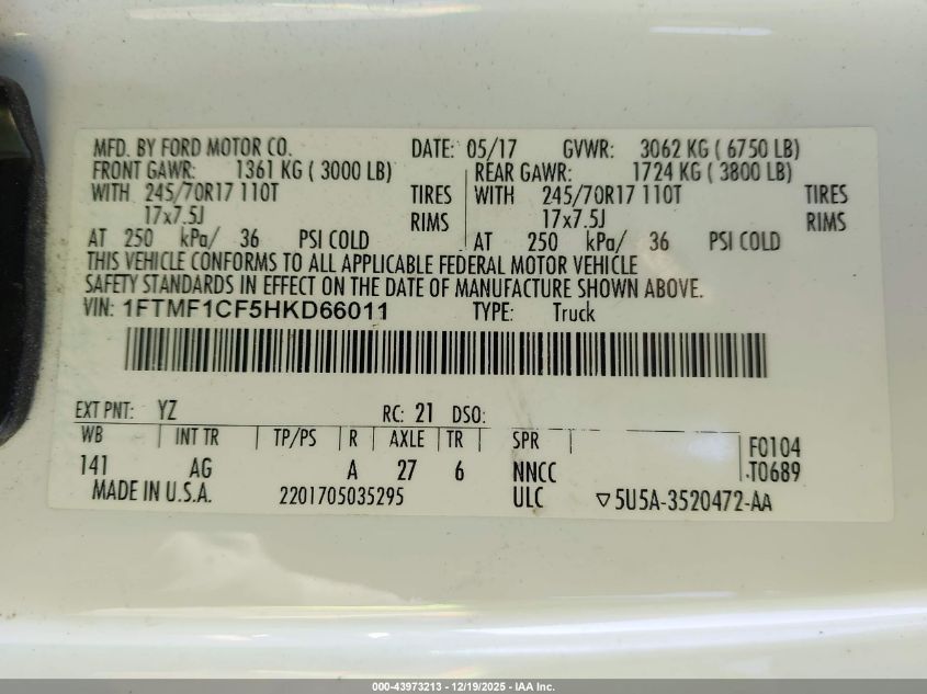2017 Ford F-150 Xl VIN: 1FTMF1CF5HKD66011 Lot: 43973213