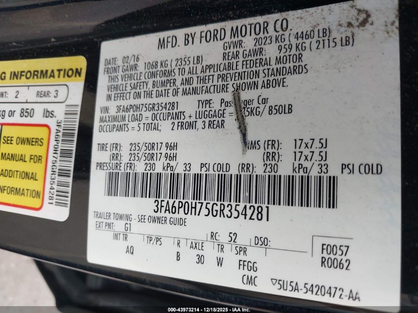 2016 Ford Fusion Se VIN: 3FA6P0H75GR354281 Lot: 43973214