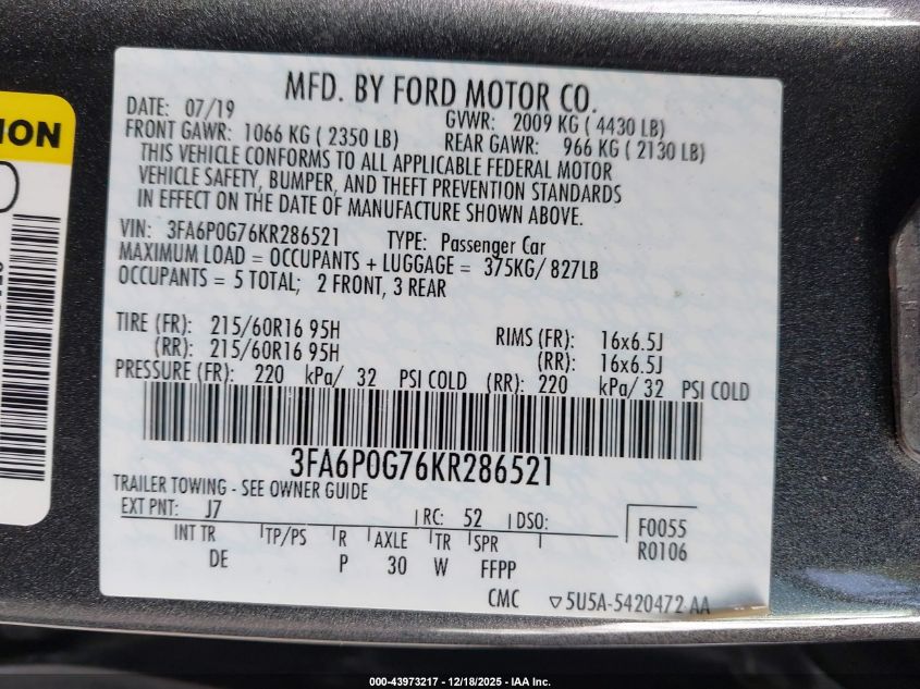 2019 Ford Fusion S VIN: 3FA6P0G76KR286521 Lot: 43973217