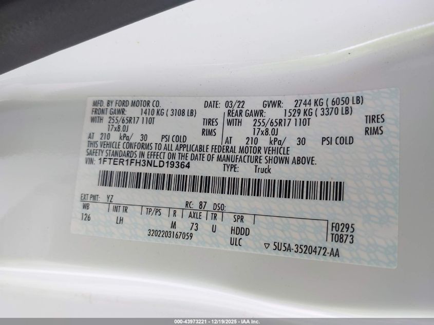 2022 Ford Ranger Xlt VIN: 1FTER1FH3NLD19364 Lot: 43973221