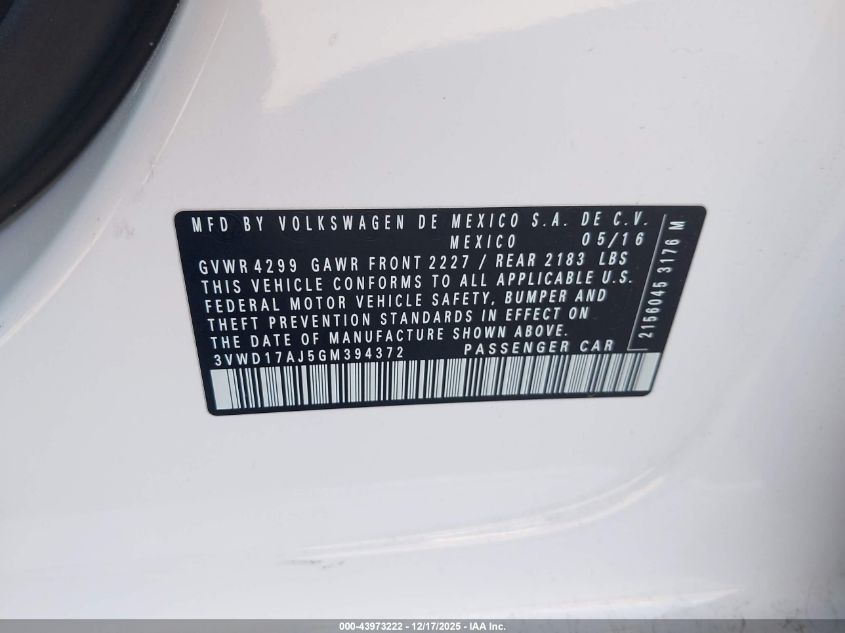 2016 Volkswagen Jetta 1.8T Sport VIN: 3VWD17AJ5GM394372 Lot: 43973222