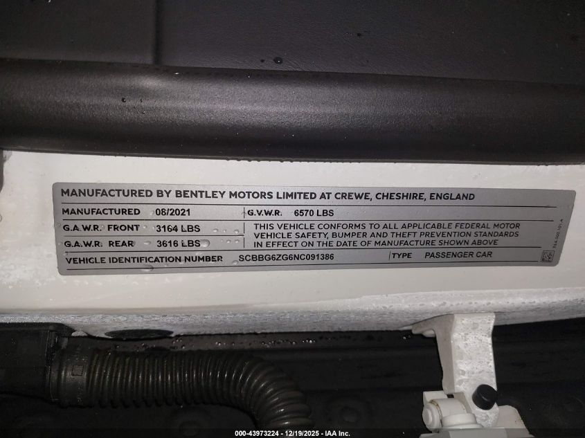 2022 Bentley Flying Spur V8 VIN: SCBBG6ZG6NC091386 Lot: 43973224