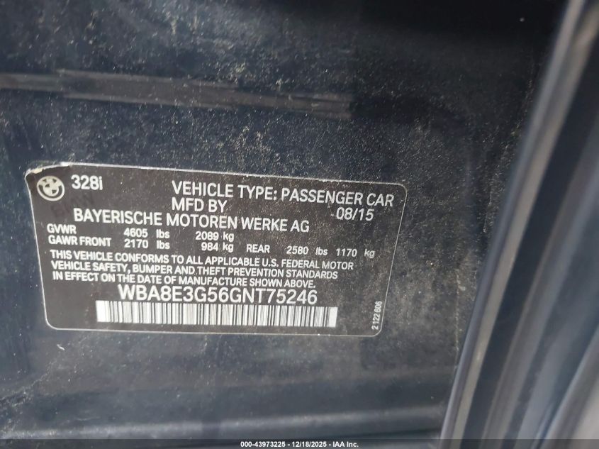 2016 BMW 328I xDrive VIN: WBA8E3G56GNT75246 Lot: 43973225