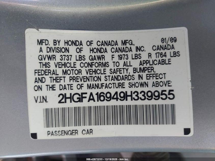 2009 Honda Civic Ex-L VIN: 2HGFA16949H339955 Lot: 43973233