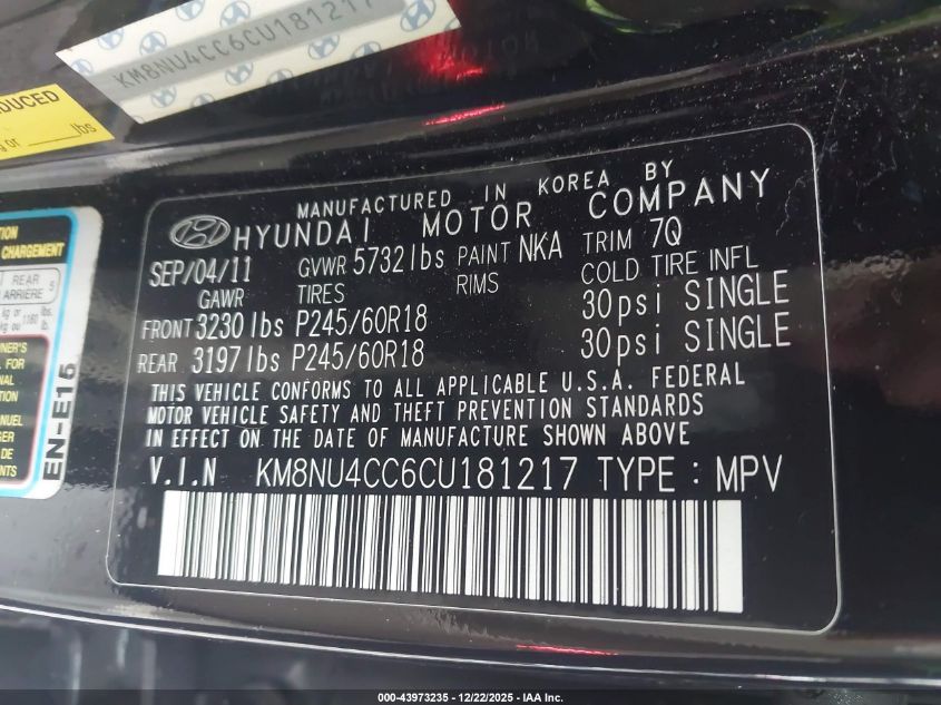 2012 Hyundai Veracruz Limited VIN: KM8NU4CC6CU181217 Lot: 43973235