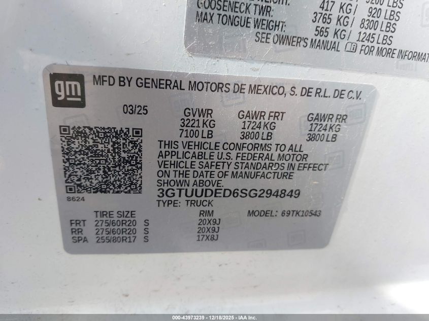 2025 GMC Sierra 1500 4Wd Short Box Slt VIN: 3GTUUDED6SG294849 Lot: 43973239