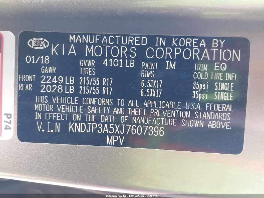 2018 Kia Soul + VIN: KNDJP3A5XJ7607396 Lot: 43973243