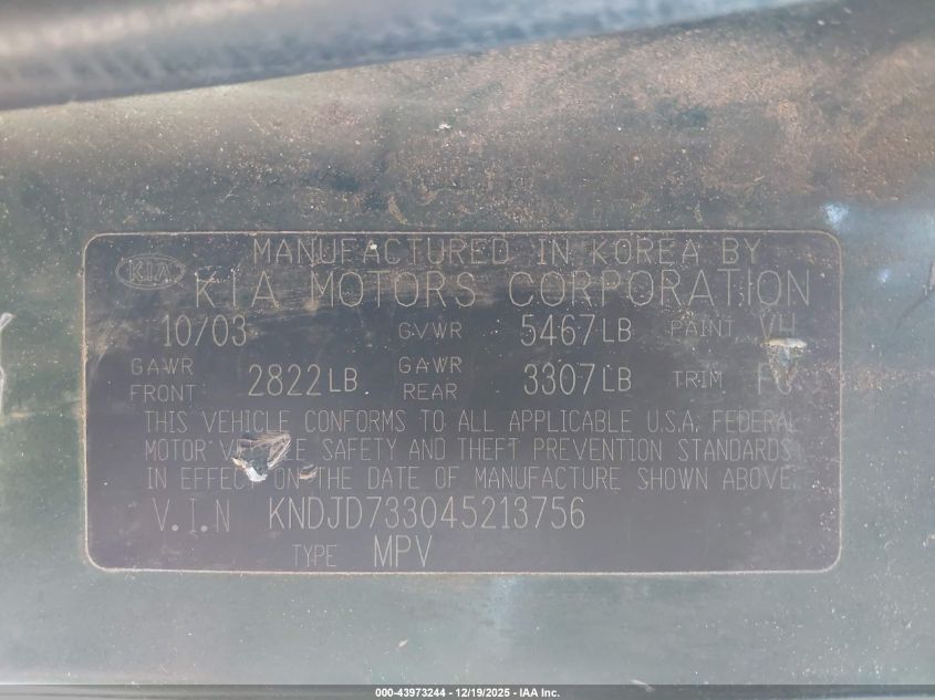 2004 Kia Sorento Ex/Lx VIN: KNDJD733045213756 Lot: 43973244