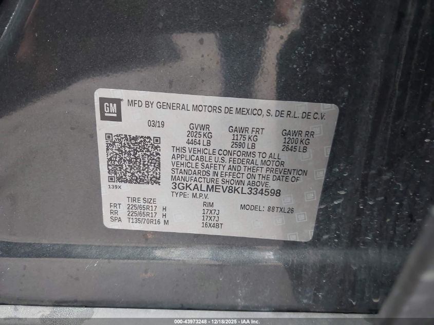 2019 GMC Terrain Sle VIN: 3GKALMEV8KL334598 Lot: 43973248