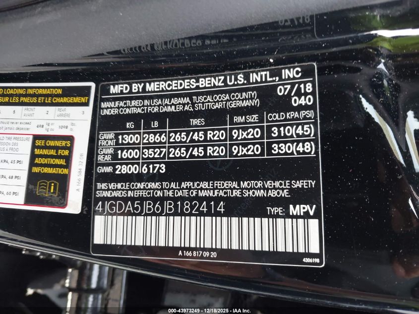 2018 Mercedes-Benz Gle 350 VIN: 4JGDA5JB6JB182414 Lot: 43973249