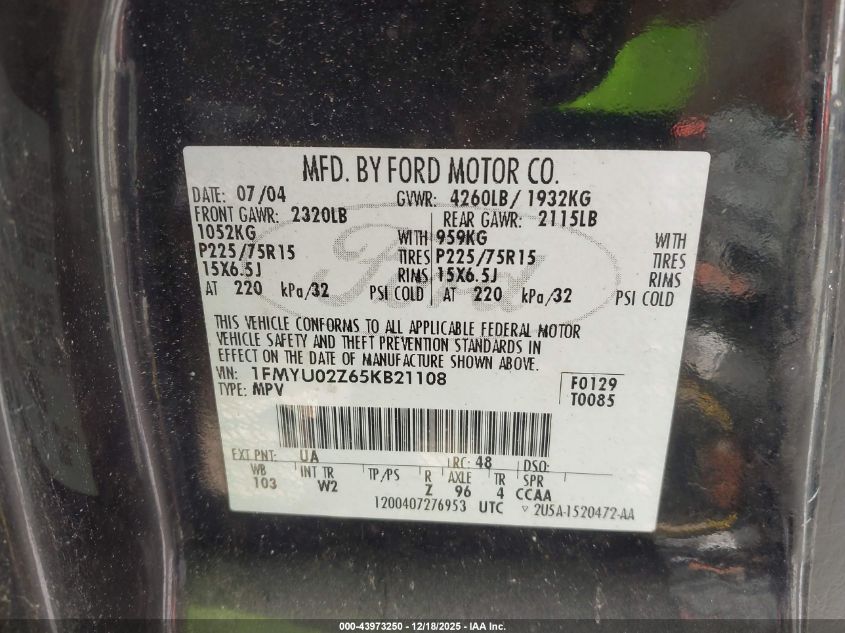 2005 Ford Escape Xls VIN: 1FMYU02Z65KB21108 Lot: 43973250