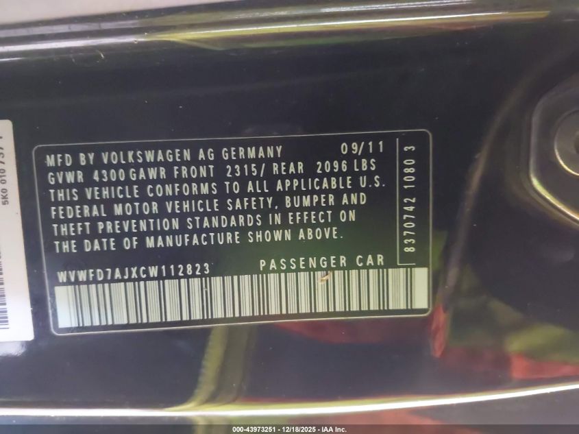 2012 Volkswagen Gti 2-Door VIN: WVWFD7AJXCW112823 Lot: 43973251