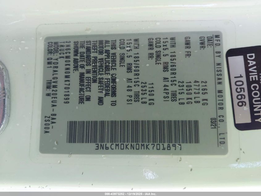 2021 Nissan Nv200 Cargo Sv Xtronic Cvt VIN: 3N6CM0KN0MK701899 Lot: 43973252