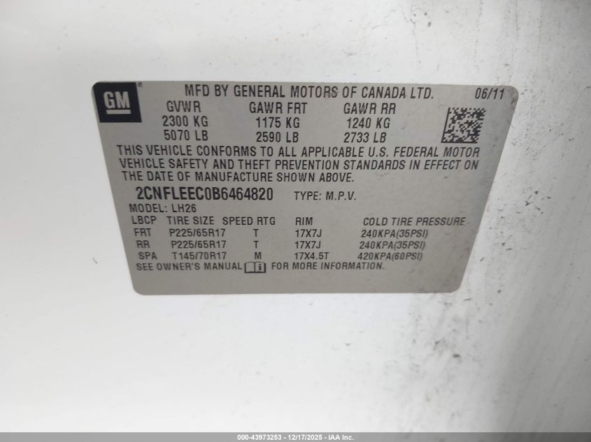 2011 Chevrolet Equinox 1Lt VIN: 2CNFLEEC0B6464820 Lot: 43973253