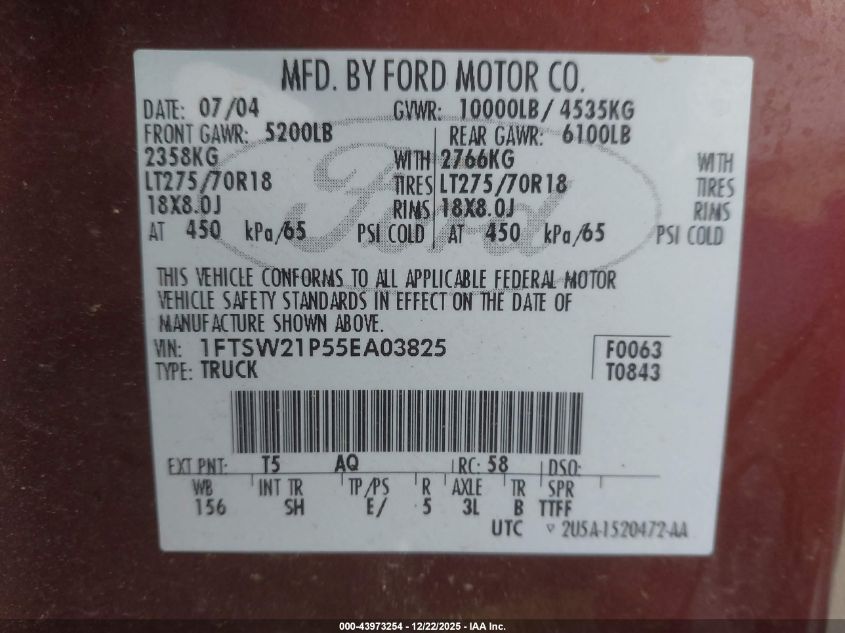 2005 Ford F-250 Lariat/Xl/Xlt VIN: 1FTSW21P55EA03825 Lot: 43973254