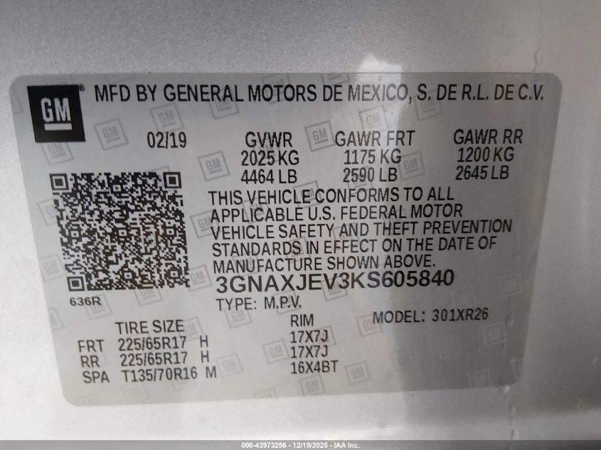 2019 Chevrolet Equinox Lt VIN: 3GNAXJEV3KS605840 Lot: 43973256