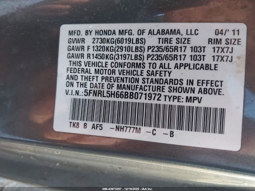 2011 Honda Odyssey Ex-L VIN: 5FNRL5H66BB071972 Lot: 43973257