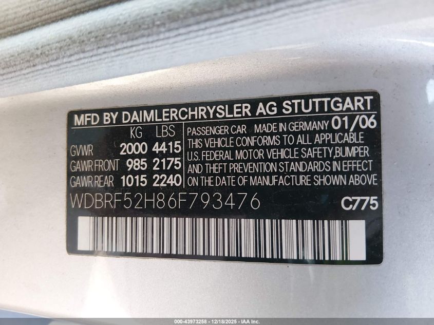 2006 Mercedes-Benz C 230 Sport VIN: WDBRF52H86F793476 Lot: 43973258