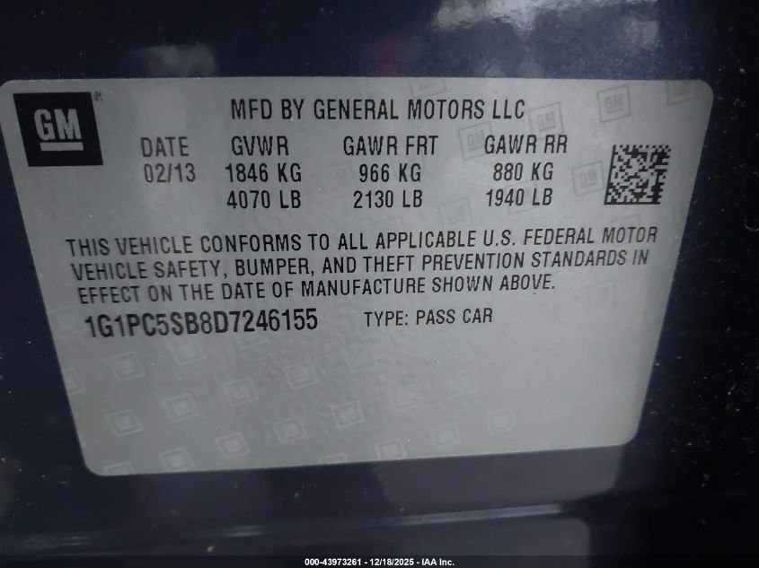 2013 Chevrolet Cruze 1Lt Auto VIN: 1G1PC5SB8D7246155 Lot: 43973261