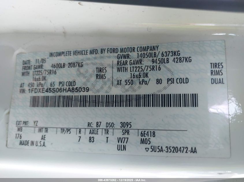 2006 Ford E-450 Cutaway VIN: 1FDXE45S06HA85039 Lot: 43973262