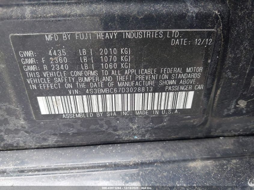 2013 Subaru Legacy 2.5I Premium VIN: 4S3BMBC67D3028813 Lot: 43973264