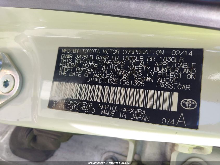 2014 Toyota Prius C One VIN: JTDKDTB33E1561395 Lot: 43973267