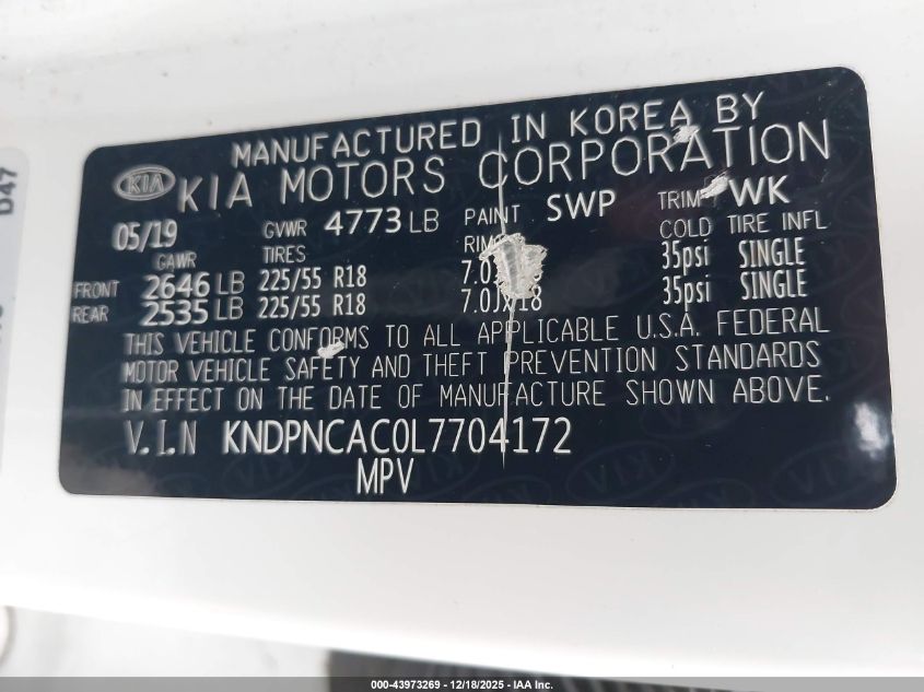 2020 Kia Sportage Ex VIN: KNDPNCAC0L7704172 Lot: 43973269