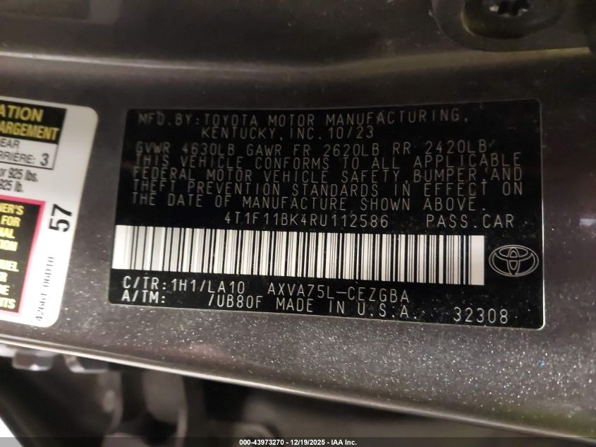 2024 Toyota Camry Xle VIN: 4T1F11BK4RU112586 Lot: 43973270