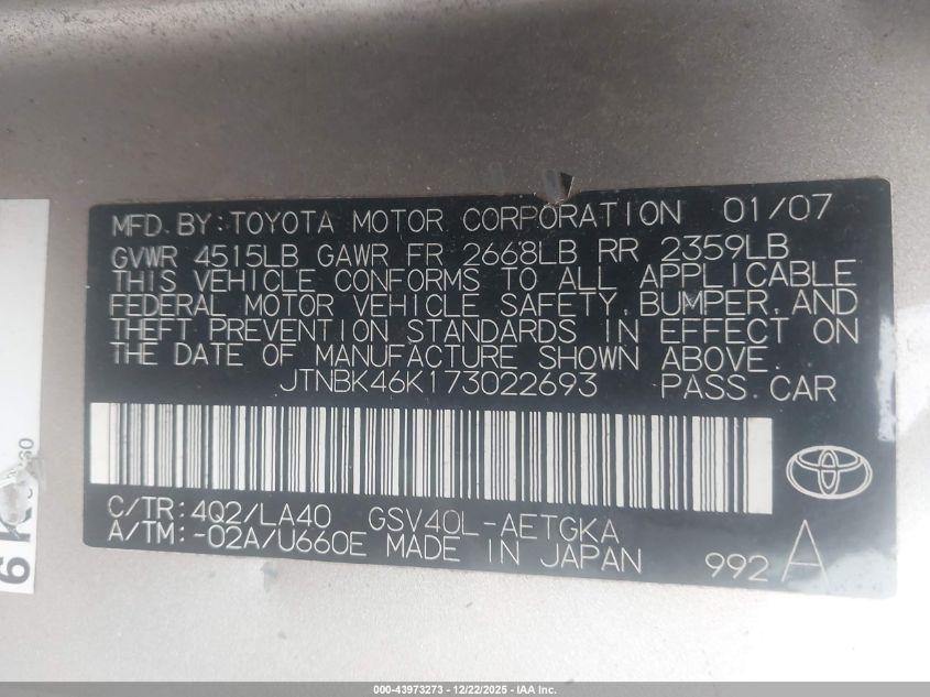 2007 Toyota Camry Ce/Le/Se/Xle VIN: 4T1BE46K87U733500 Lot: 43973273