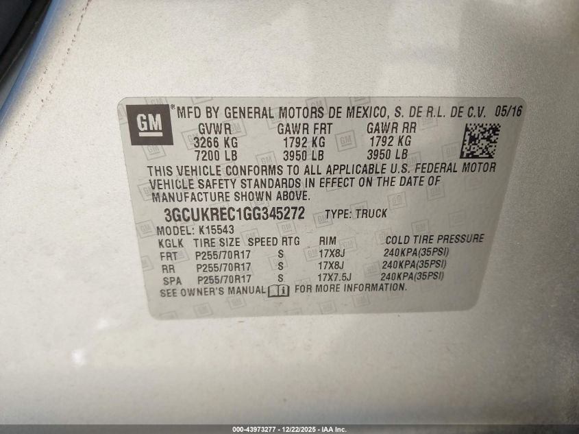 2016 Chevrolet Silverado 1500 1Lt VIN: 3GCUKREC1GG345272 Lot: 43973277