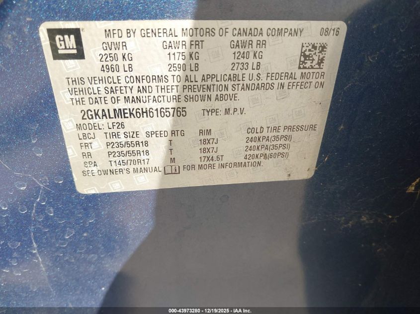 2017 GMC Terrain Sle-1 VIN: 2GKALMEK6H6165765 Lot: 43973280