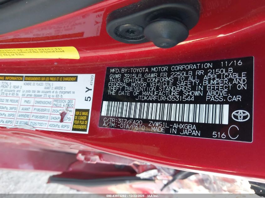 2017 Toyota Prius Three VIN: JTDKARFUXH3531544 Lot: 43973282