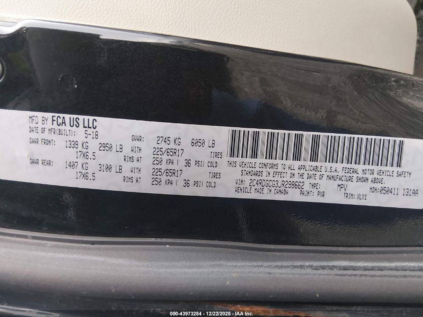 2018 Dodge Grand Caravan Sxt VIN: 2C4RDGCG3JR298662 Lot: 43973284