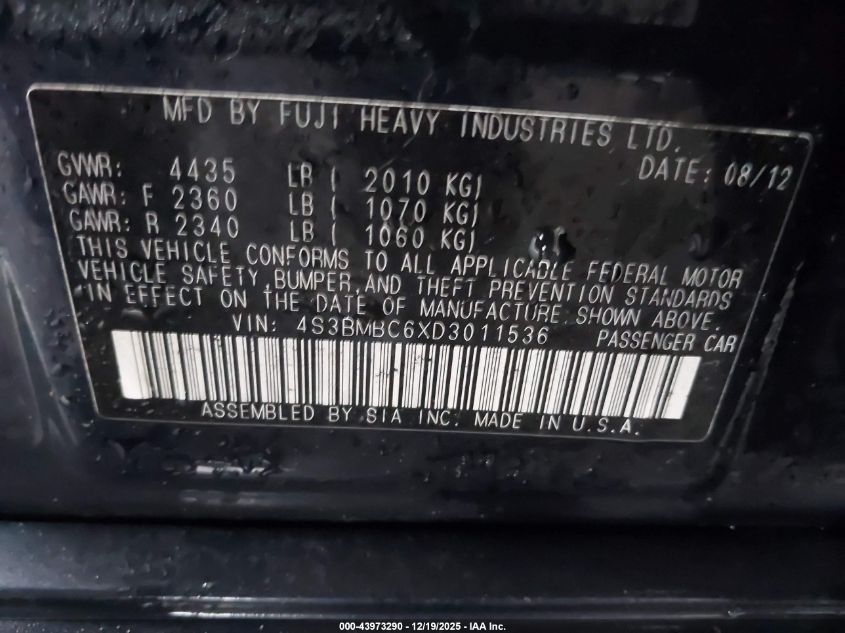 2013 Subaru Legacy 2.5I Premium VIN: 4S3BMBC6XD3011536 Lot: 43973290