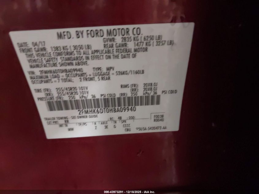 2017 Ford Flex Limited VIN: 2FMHK6DT0HBA09940 Lot: 43973291