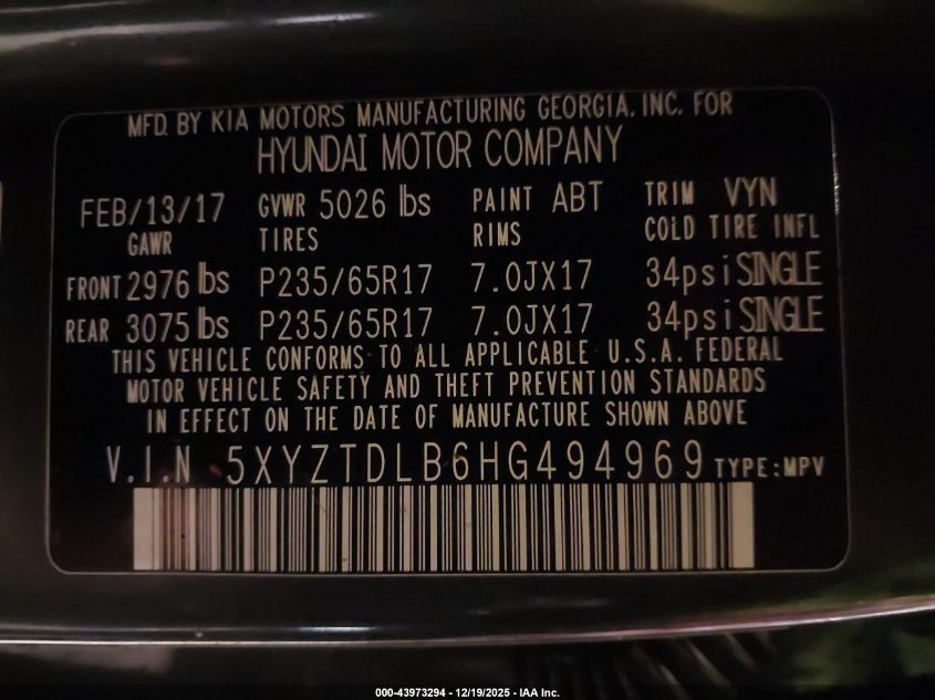 2017 Hyundai Santa Fe Sport 2.4L VIN: 5XYZTDLB6HG494969 Lot: 43973294