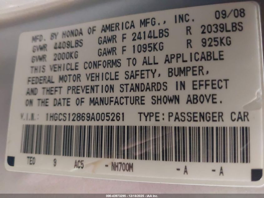 2009 Honda Accord 2.4 Ex-L VIN: 1HGCS12869A005261 Lot: 43973295