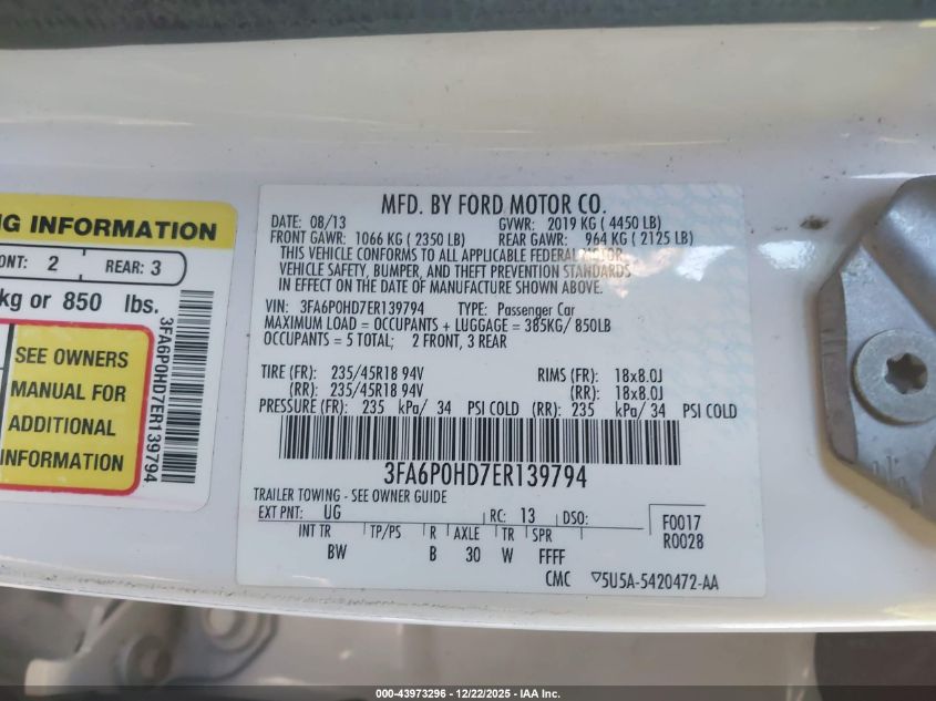 2014 Ford Fusion Se VIN: 3FA6P0HD7ER139794 Lot: 43973296