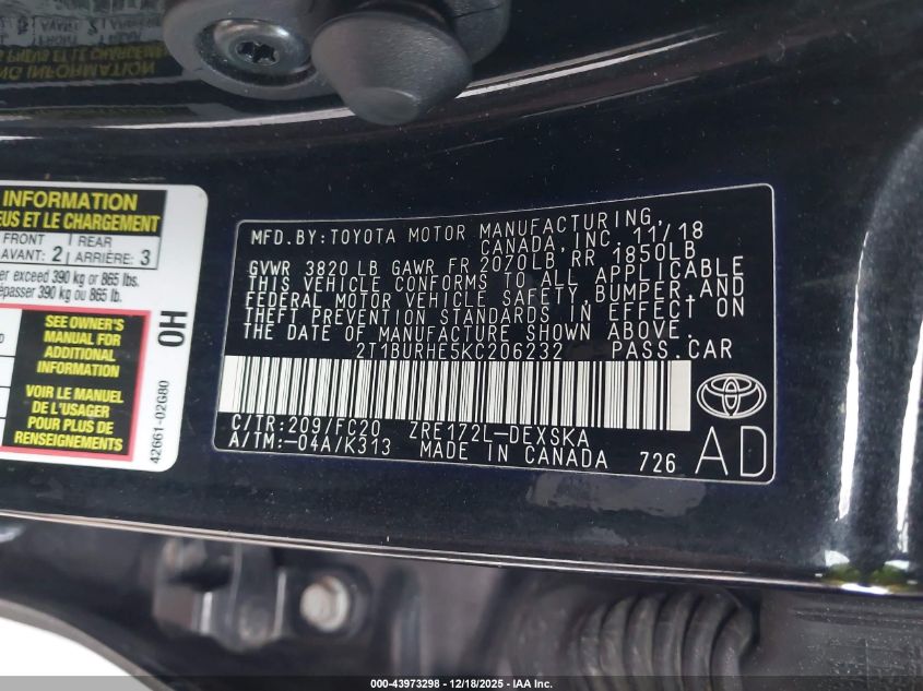 2019 Toyota Corolla Se VIN: 2T1BURHE5KC206232 Lot: 43973298