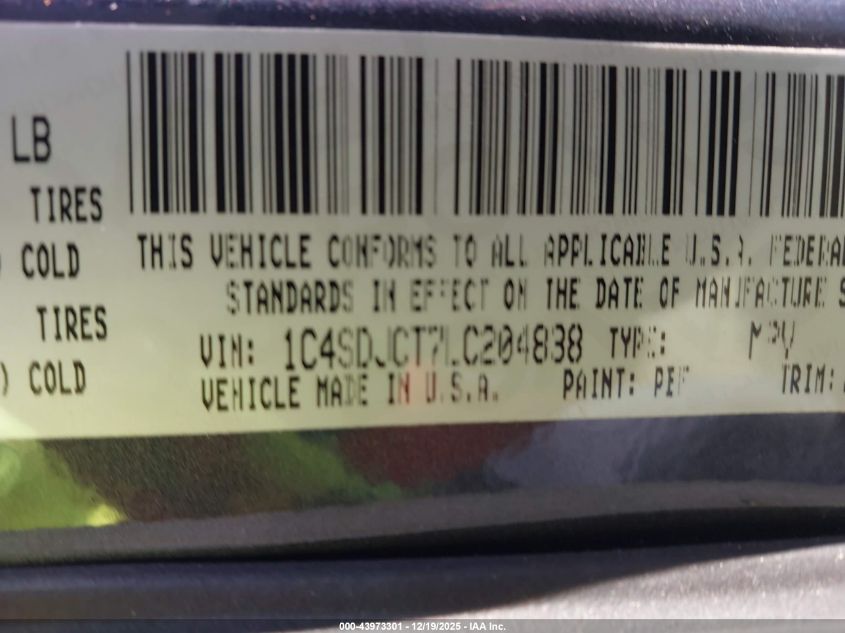 2020 Dodge Durango R/T Awd VIN: 1C4SDJCT7LC204838 Lot: 43973301