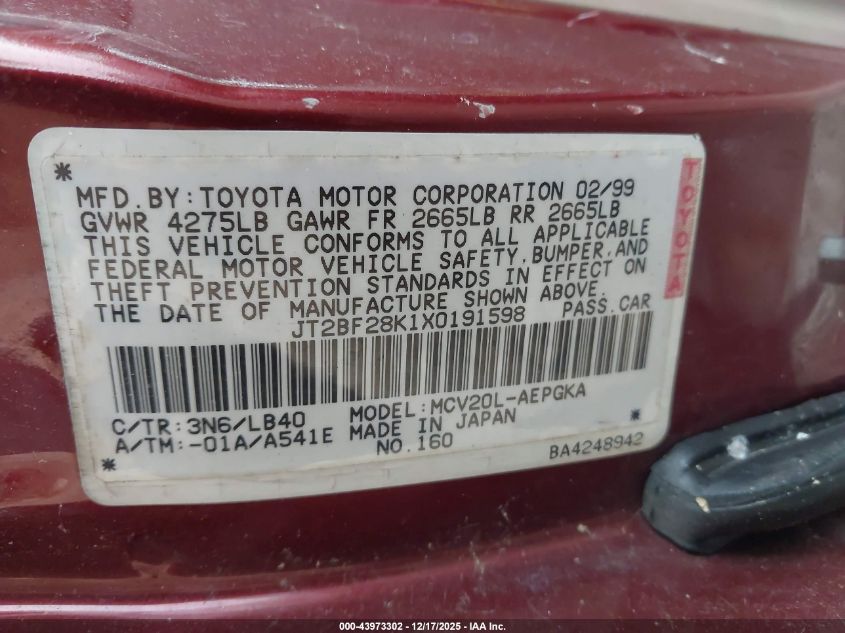 1999 Toyota Camry Xle V6 VIN: JT2BF28K1X0191598 Lot: 43973302