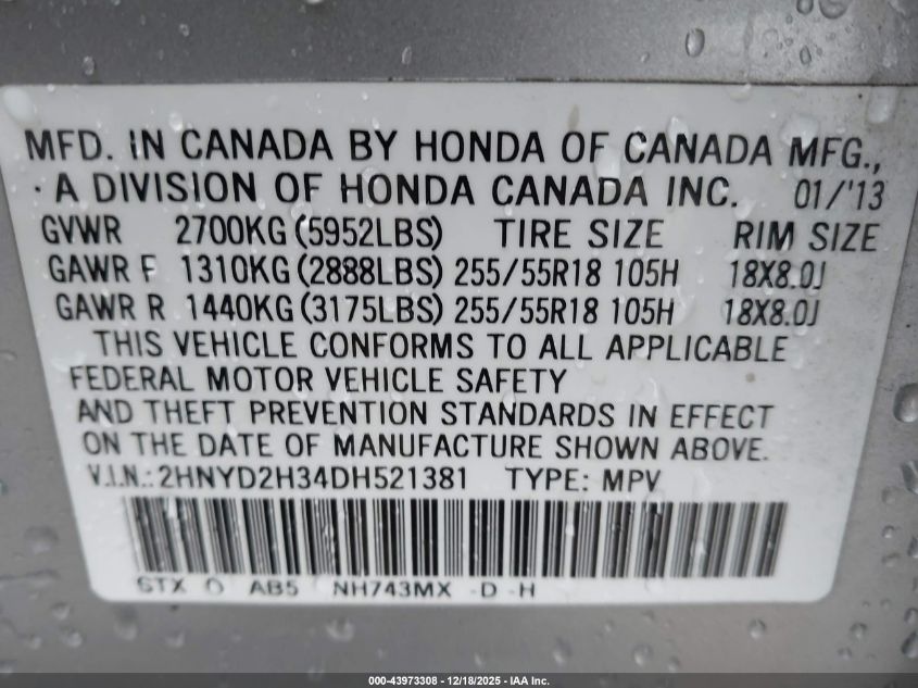 2013 Acura Mdx Technology Package VIN: 2HNYD2H34DH521381 Lot: 43973308