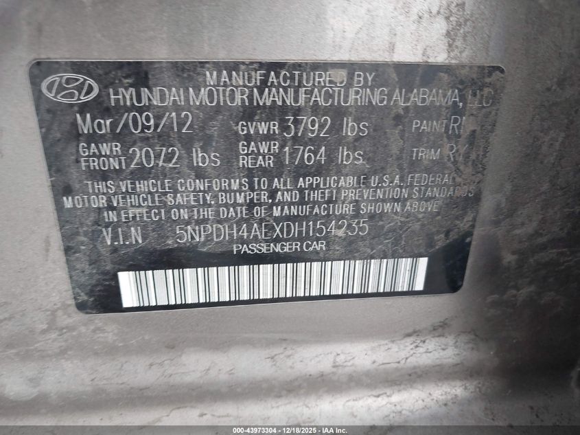 2013 Hyundai Elantra Limited VIN: 5NPDH4AEXDH154235 Lot: 43973304