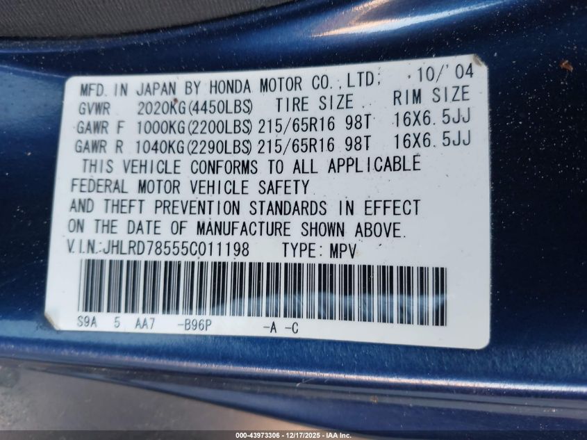 2005 Honda Cr-V Lx VIN: JHLRD78555C011198 Lot: 43973306