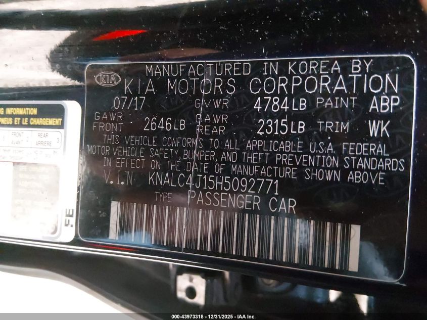 2017 Kia Cadenza Technology VIN: KNALC4J15H5092771 Lot: 43973318