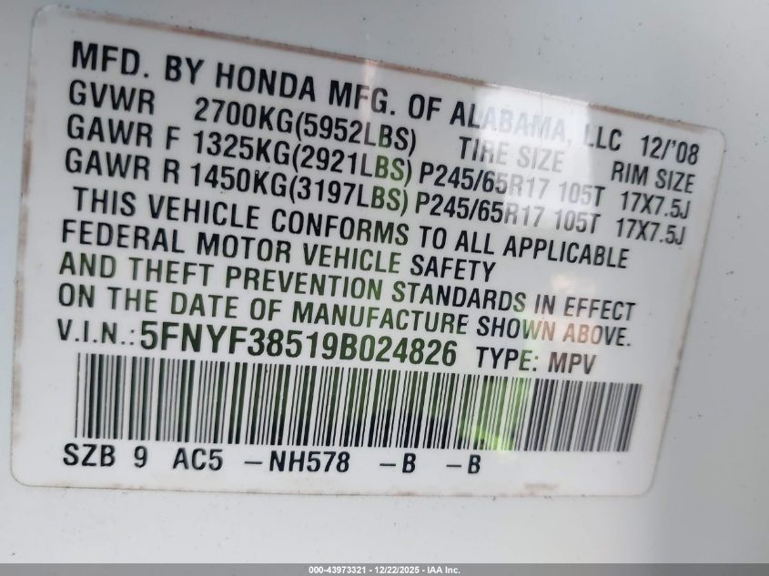 2009 Honda Pilot Ex-L VIN: 5FNYF38519B024826 Lot: 43973321