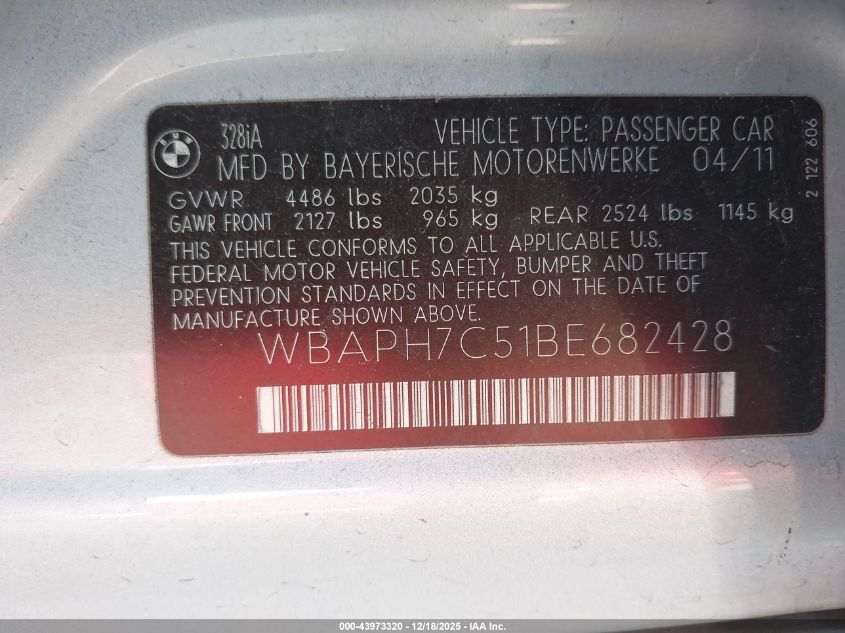 2011 BMW 328I VIN: WBAPH7C51BE682428 Lot: 43973320