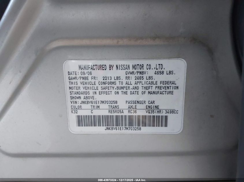 2007 Infiniti G35 Journey VIN: JNKBV61E17M703258 Lot: 43973324