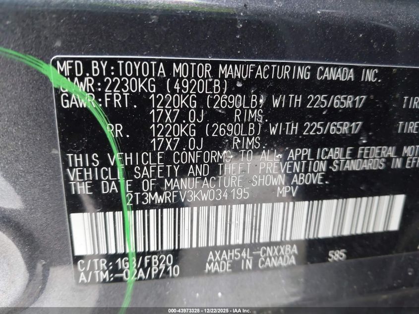 2019 Toyota Rav4 Hybrid Le VIN: 2T3MWRFV3KW034195 Lot: 43973328