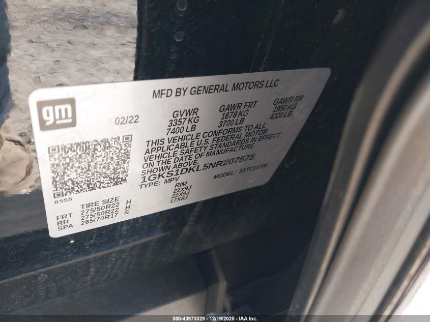 2022 GMC Yukon 2Wd Denali VIN: 1GKS1DKL5NR207575 Lot: 43973329